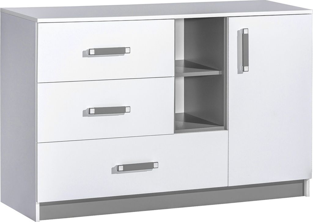 Furniture24 Kommode Sideboard TRAFIKO 07 mit 3 Schubladen und 1 Tür Weiß/Grau