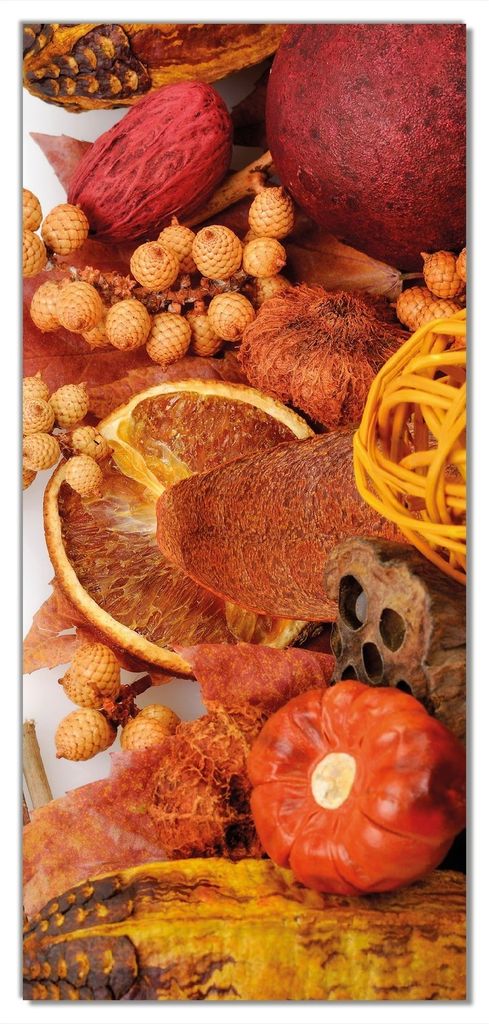 Wallario selbstklebende Türtapete 100 x 220 cm mit Schutzlaminat - Herbststimmung - Trockenfrüchte, Nüsse und Samen - Herbstdeko