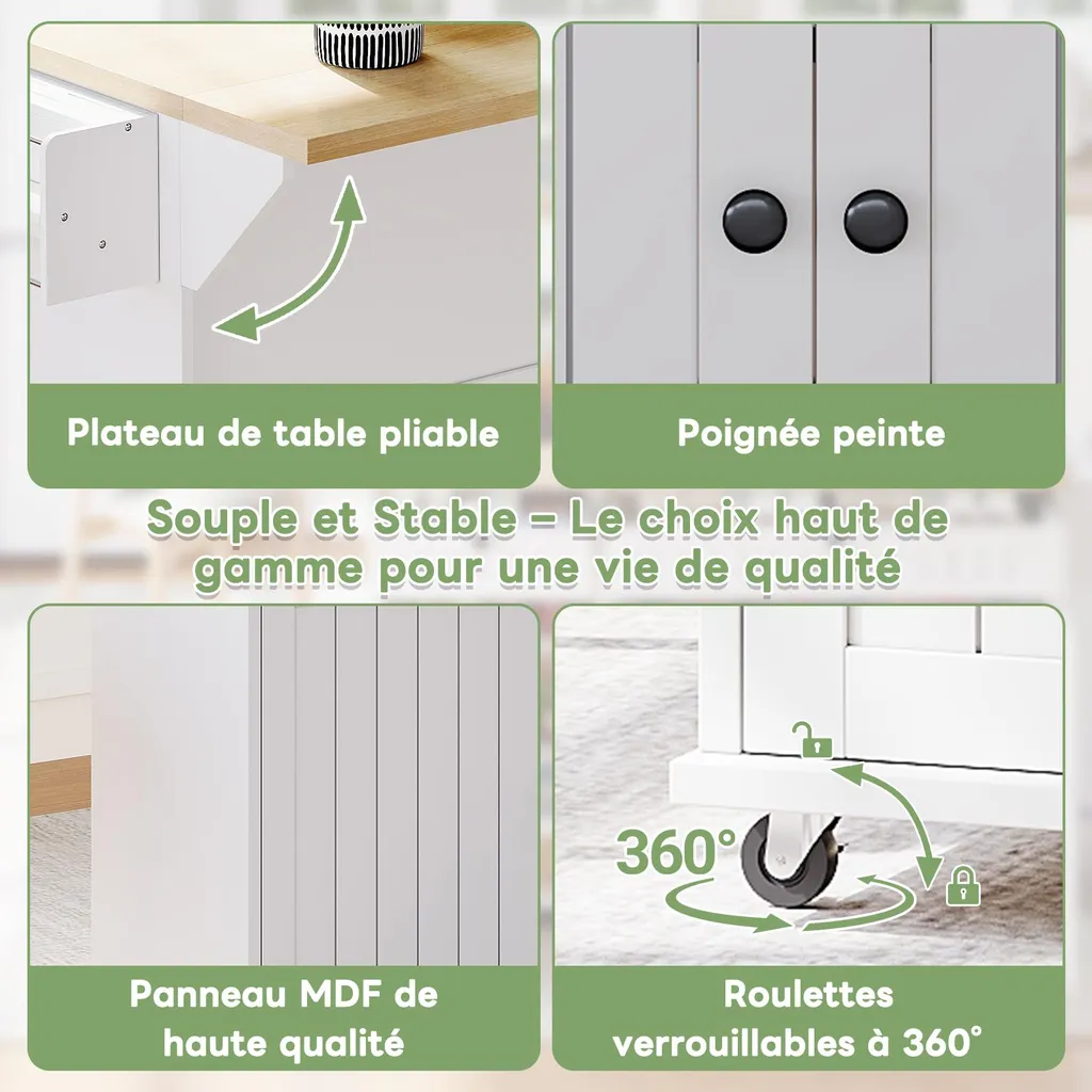 Desserte de Cuisine Mobile avec Table Pliante et Rangements Noirs - 6