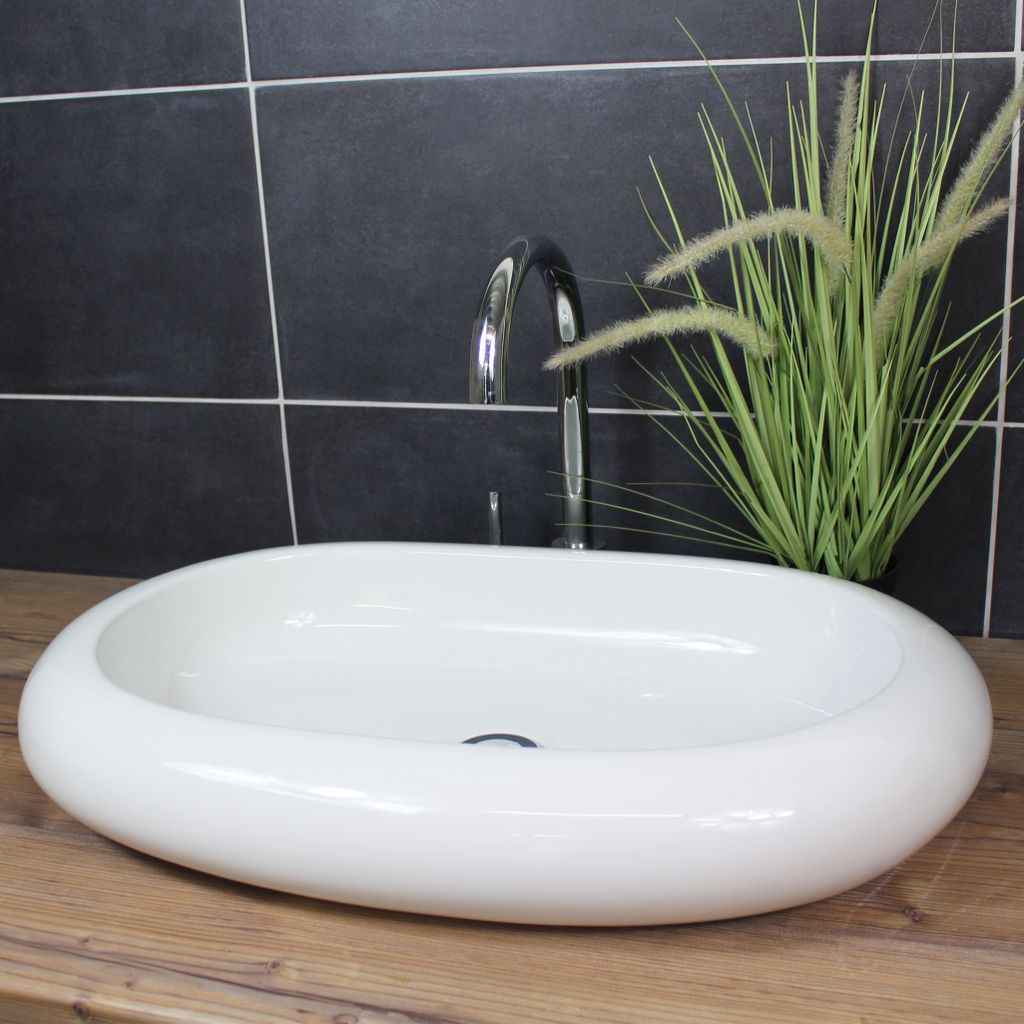 Aufsatzwaschbecken 62 x 40 x 10 cm länglich abgerundet Waschbecken Waschschale Keramik Weiß modern