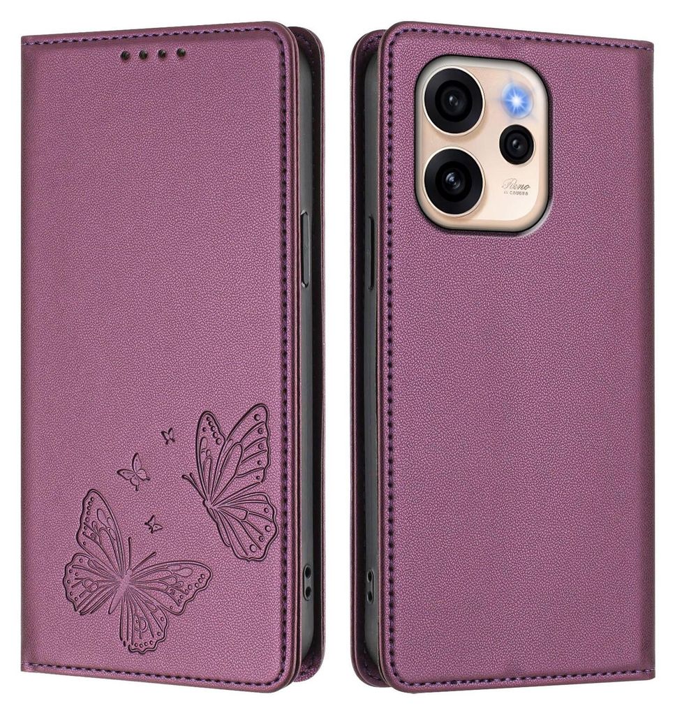 Lederhülle für Oppo Reno15 5G, Schmetterling Prägung Leder Brieftasche Schutzhülle mit Ständer Lila