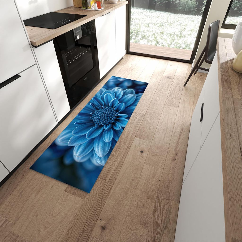 Küchenteppich 60x180cm rutschfest & abwischbar PVC Läufer - Blaue Blume