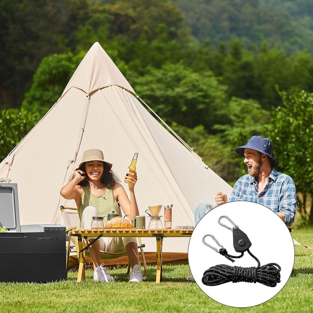 Verstellbares Kabelratel Touwspanner Set von 8 - 2 Meter Ø 4 mm Seil mit Rolle und Seilbremse für Pflanzenventilator, Licht, Zimmerpflanzen, Zelt...