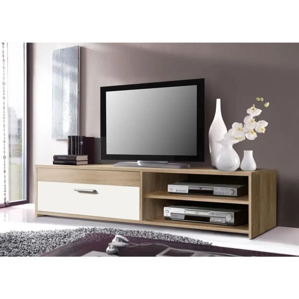 Meuble TV en bois mélaminé chêne et blanc PILVI avec porte abattante