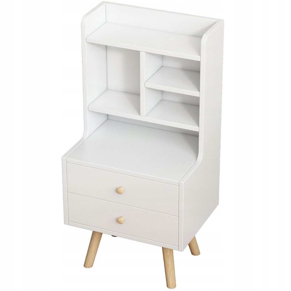 A white bedside table with two drawers and a small bookshelf on top, shown against a white background.