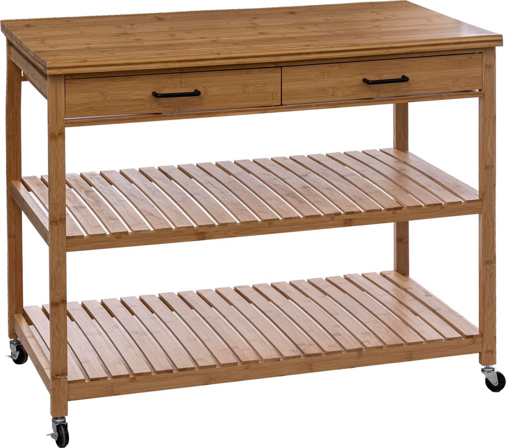 A bamboo kitchen island on wheels against a white background.