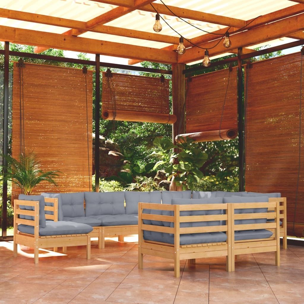 The Living Store 9-tlg. Garten-Lounge-Set mit Grauen Kissen Kiefer Massivholz