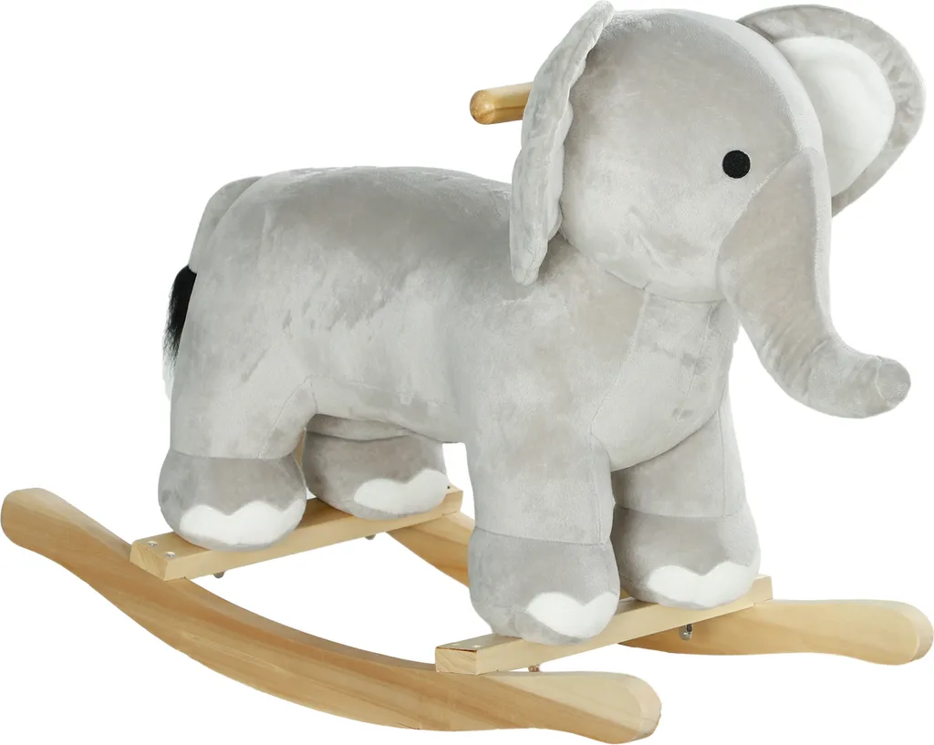 Éléphant à bascule musical en peluche grise avec poignées de bois