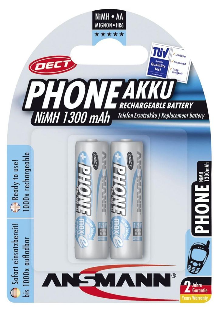 ANSMANN Telefon Akku AA 1300 mAh 1,2V, 2 Stück Produktbild 
