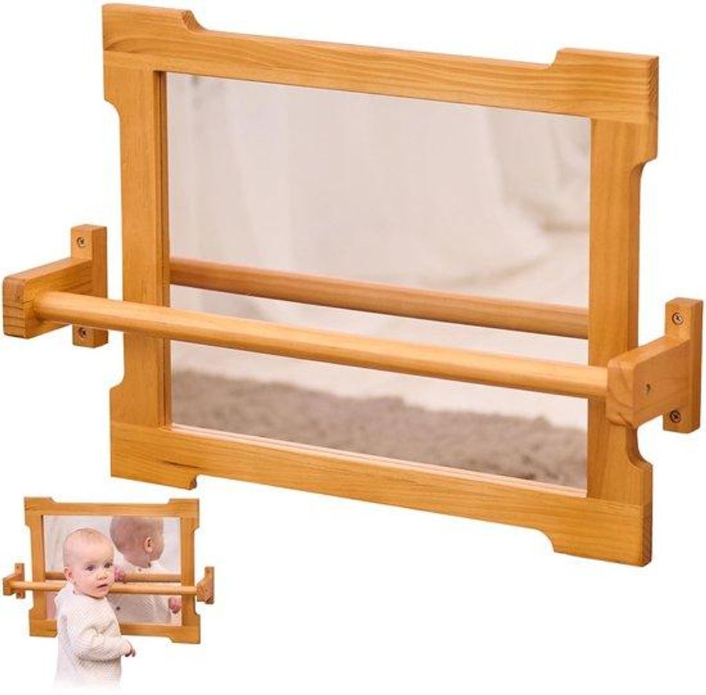 Hochstuhl Stütze für Kleinkinder - Selbstständiges Gehen & Laufen - Holzbalancierstange - Wandspiegel.
