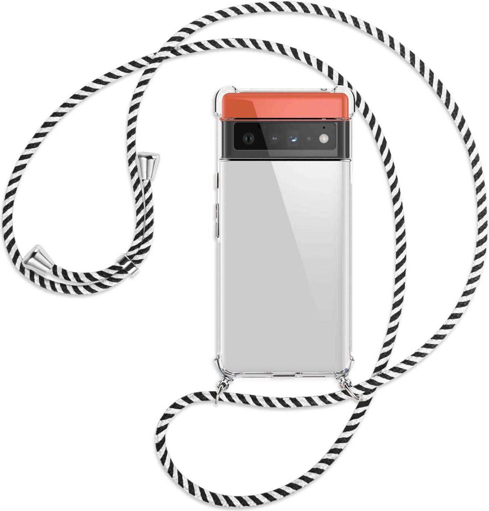 Handykette Backcover-Schutzhülle mit Band (Metall silberfarben) für Google Pixel 6 Pro - schwarz/weiß gestreift