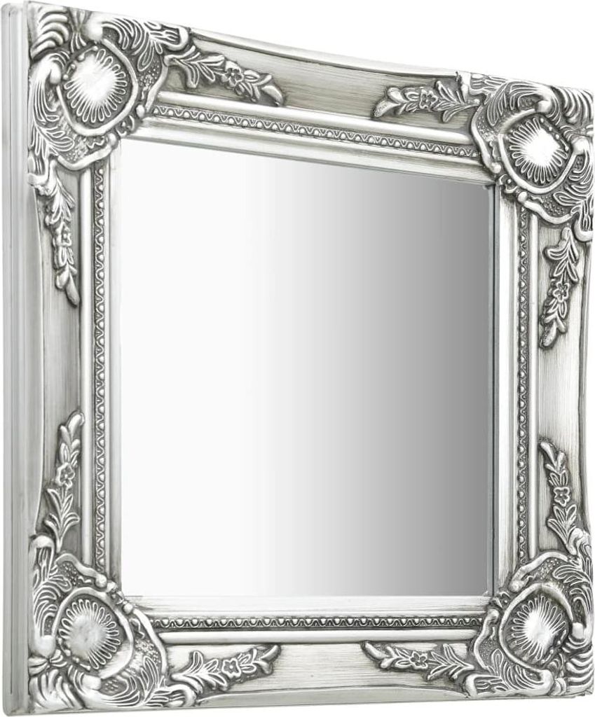 A silver baroque-style wall mirror is shown from a slightly angled perspective.
