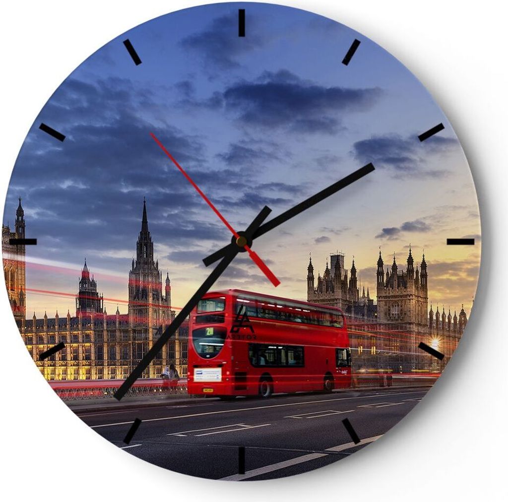 Wanduhr - Rund - Glasuhr - London Bus - 30x30cm - Schleichendes Uhrwerk - Lautlos - zum Aufhängen bereit - Dekoration Modern - Wanddekoration aus ...