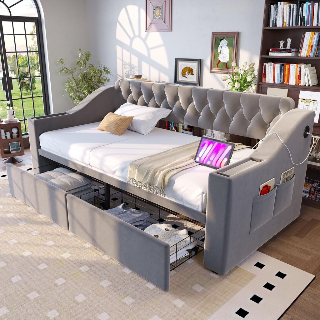 MODFU Tagesbett 90x190 Schlafsofa mit Integrierte Ablage in den Armlehnen,Daybett mit USB-Ladeanschluss und Aufbewahrungsschublade,ohne Matratze,He...