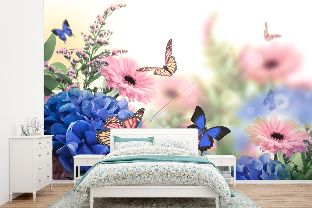 MuchoWow Fototapete für Wohnzimmer oder Schlafzimmer Wandtapete Vinyl Motivtapete Schmetterlinge - Blumen - Hortensien - Insekten - 420x280 cm -...