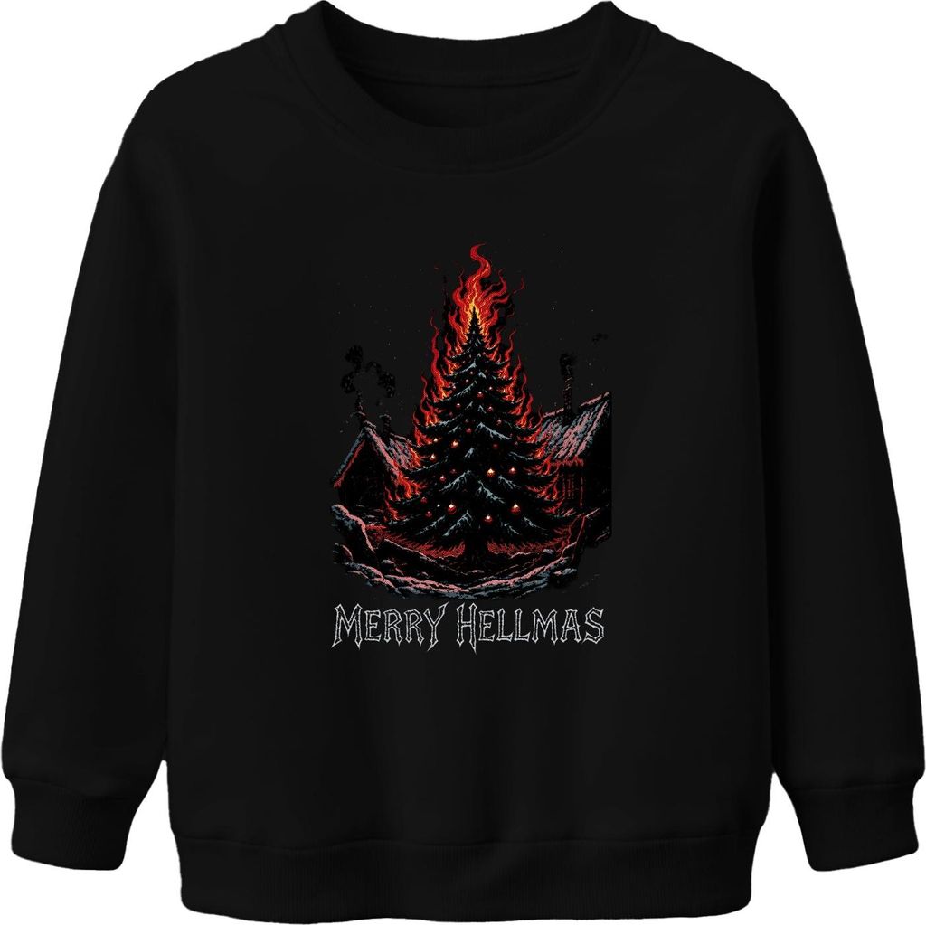 Merry Hellmas brennender Weihnachtsbaum Feuer düster Gothic Uni Kinder Sweatshirt Pullover, Schwarz, 116