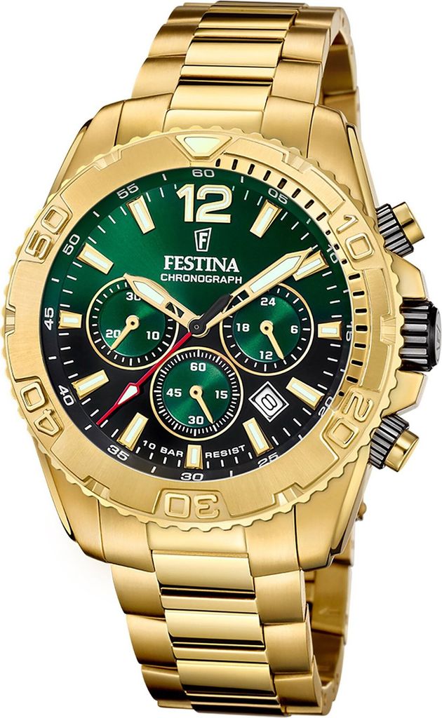 Festina Herren-Uhr Chrono Grün Quarz Edelstahl-Band Gold-Ton F20684/3