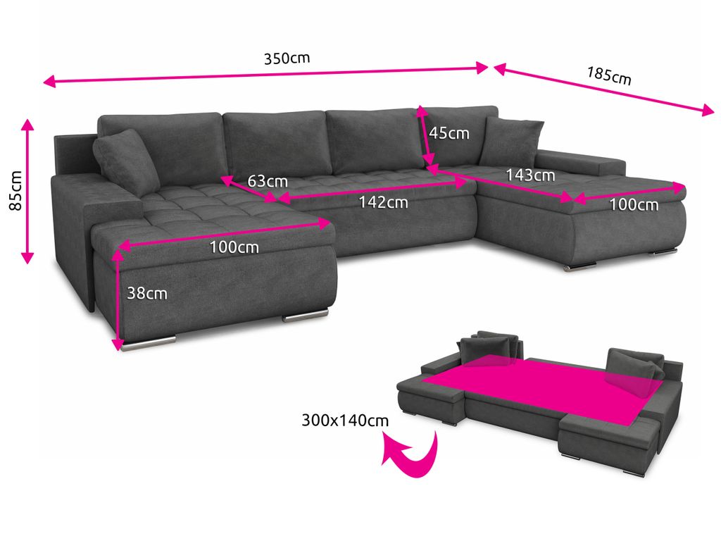 Wohnlandschaft mit Schlaffunktion Faris U Form   Couch, Schlafsofa mit  Bettkasten, Couchgranitur mit Bettfunktion, Big Sofa, Bettsofa Dunkelgrau  ...