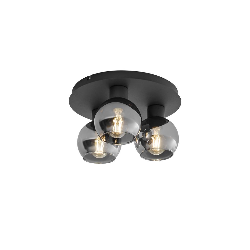 QAZQA - Art Deco Art-Deco-Deckenleuchte I Deckenlampe I Lampe I Leuchte schwarz mit Rauchglas 3-flammig - Vidro I Wohnzimmer I Schlafzimmer - Rund ...