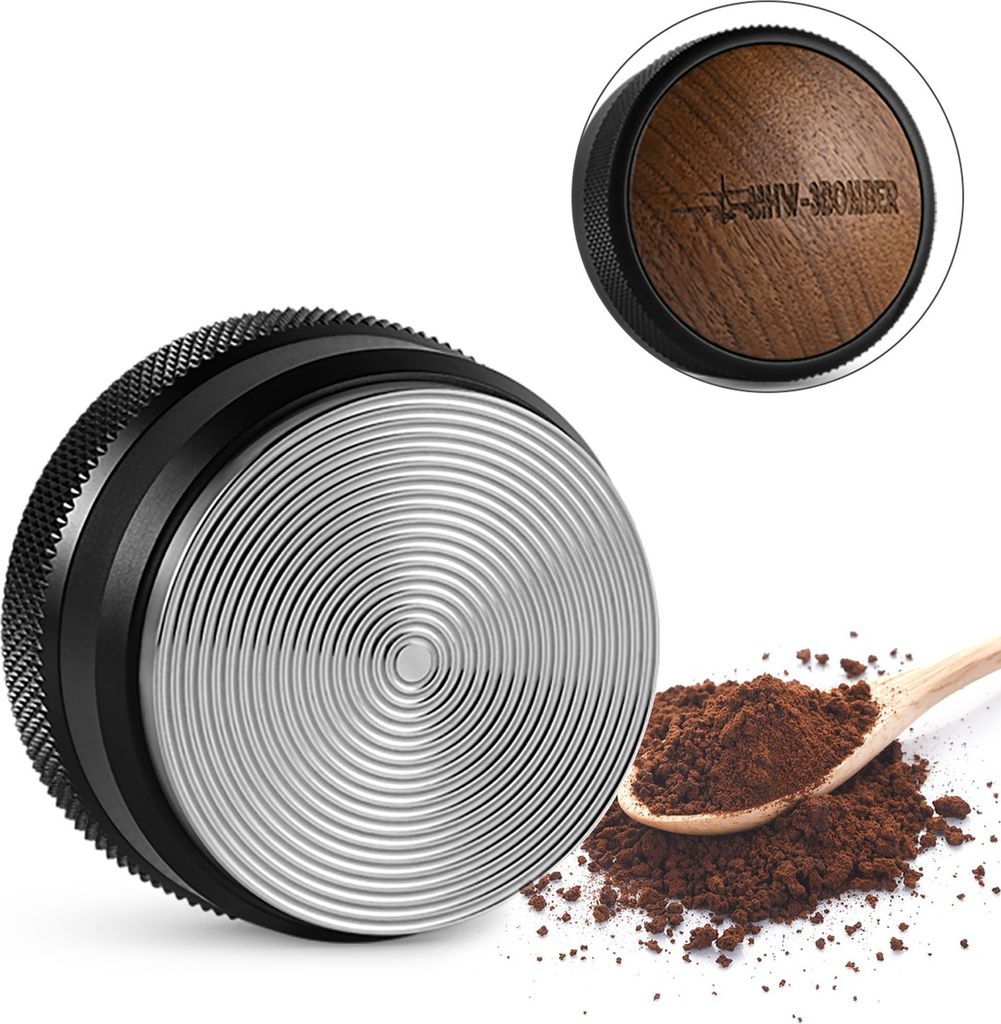 58,35 mm Kaffeestampfer, einstellbare Tiefe, Gewindesockel aus SUS 304 Edelstahl, Gehaeuse aus Aluminiumlegierung, Griff aus Walnussholz, Espressos...