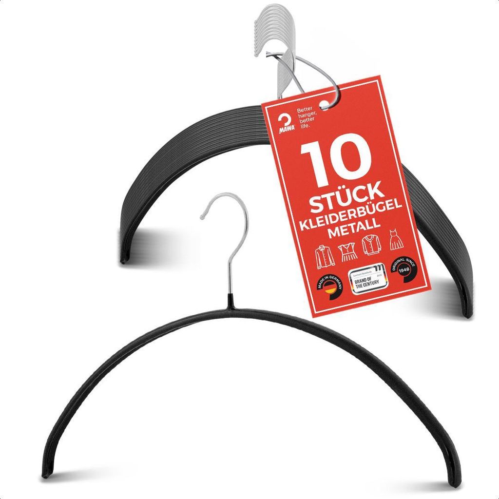 MAWA Kleiderbügel, 10er-Set, rutschfest, 40 cm, Schwarz, ideal für Shirts & Pullis