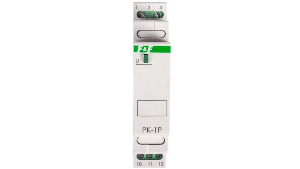 A single, white electrical relay device with green accents and labeling, presented against a plain white background.