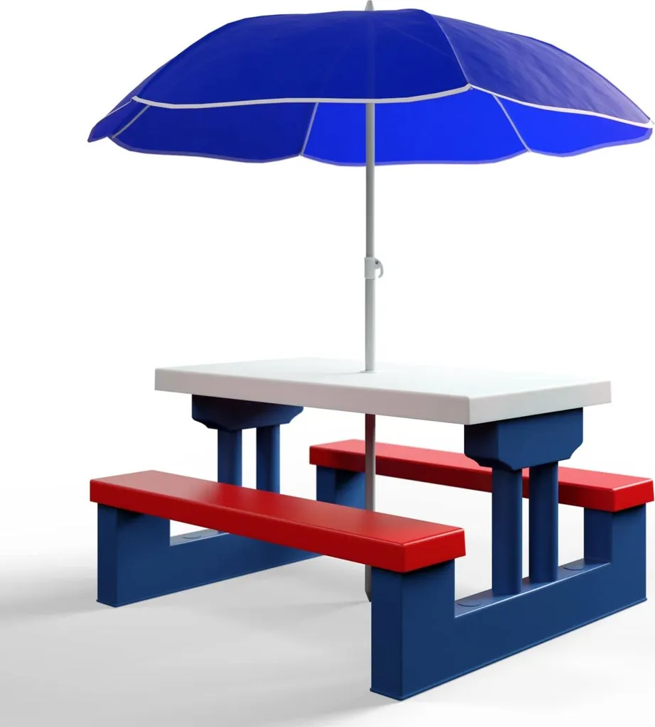 Table de pique-nique pour enfants avec bancs et parasol réglable bleu