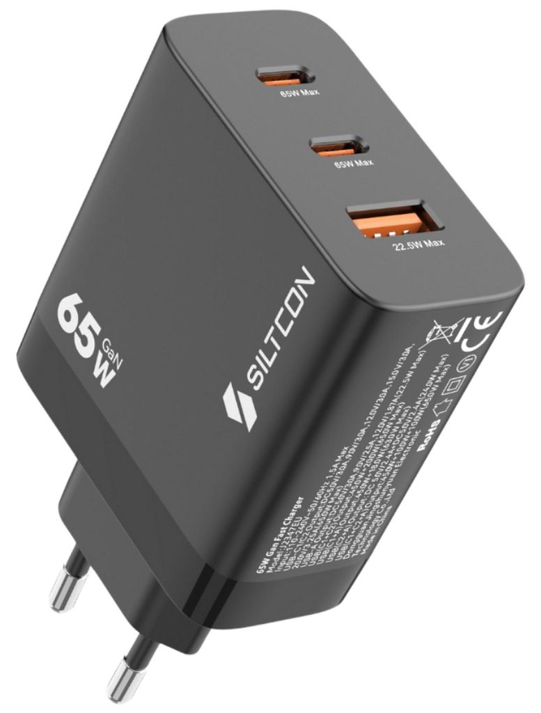 Siltcon® GaN USB-C Schnellladegerät 65W – 2x USB-C, USB-A, Produktbild 