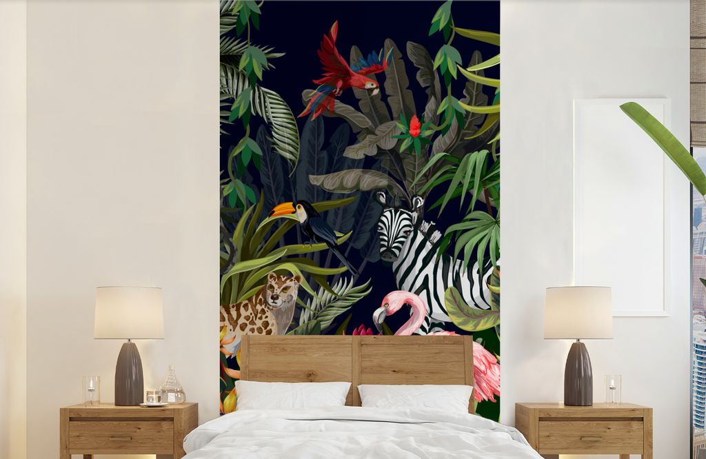 MuchoWow Fototapete für Wohnzimmer oder Schlafzimmer Wandtapete Vinyl Motivtapete Dschungeltiere - Natur - Jungen - Mädchen - Flamingo - Zebra ...