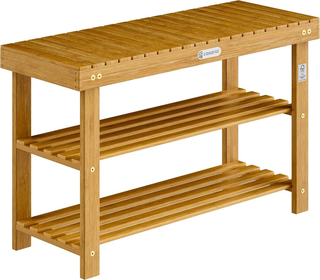 Schuhregal und Bank, Akazienholz, 2 Ablagen, 90 x 32 x 46 cm