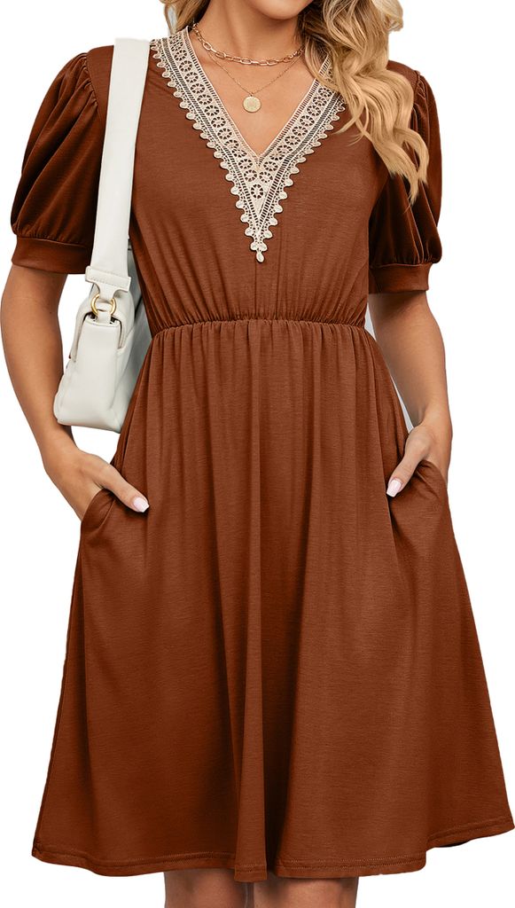 ASKSA Damen Kleider Sommer Kurzarm V-Ausschnitt kleid mit Taschen Taillenkleid Freizeitkleid, Karamell, M