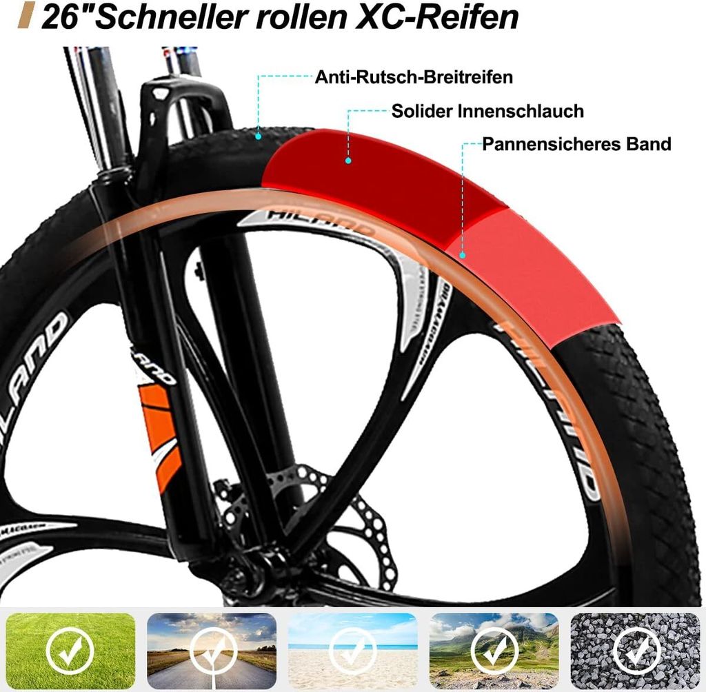 HILAND Mountainbike 26 Zoll mit 21 Gang, Aluminiumrahmen, Produktbild 6