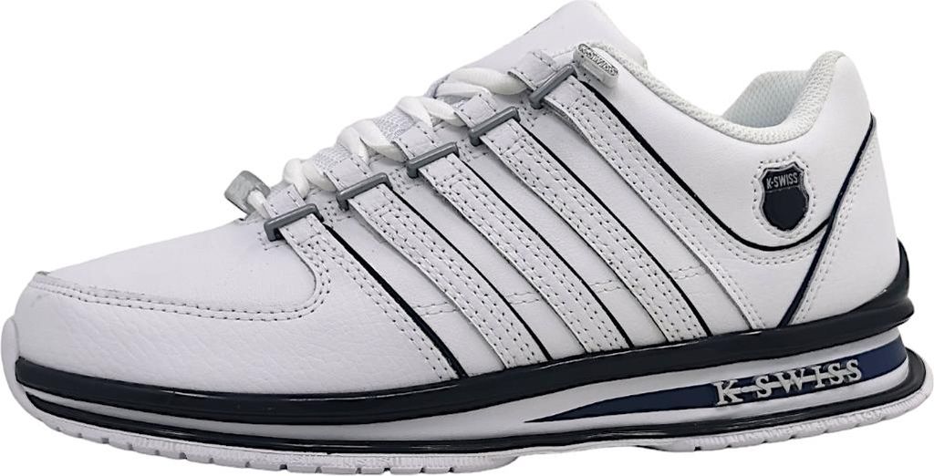 A side view of a white K-Swiss sneaker with black and blue accents.