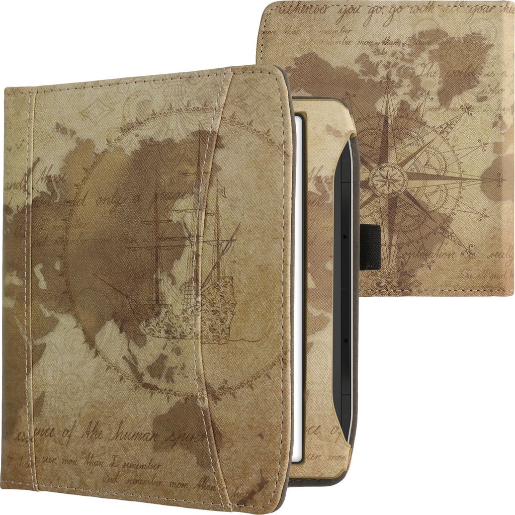 kwmobile Flip Hülle kompatibel mit Pocketbook Era / Era Color - Vorderfach Handschlaufe - Travel Vintage Braun Hellbraun