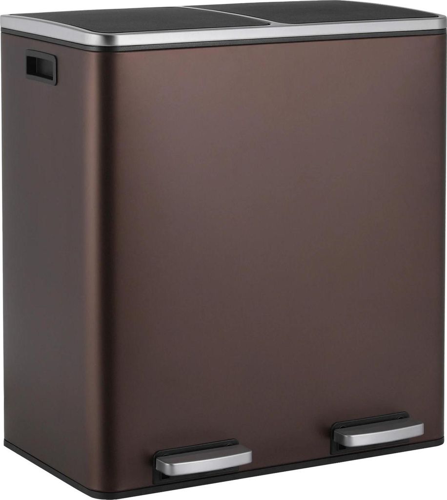 Küchen Mülleimer & Recyclingbehälter - 60 l Edelstahl Treteimer - 2-fach Trennsystem - Soft-Close Deckel - Rollabdeckung - Schokoladenbraun