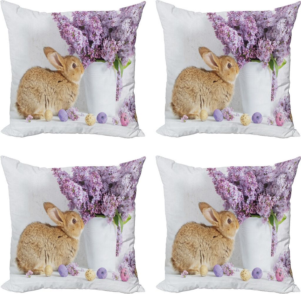 ABAKUHAUS Osterhase Kissenbezug Set (4 Stück), Kaninchen mit Flieder, Moderner Doppelseitiger Digitaldruck, 50 cm x 50 cm, Mehrfarbig