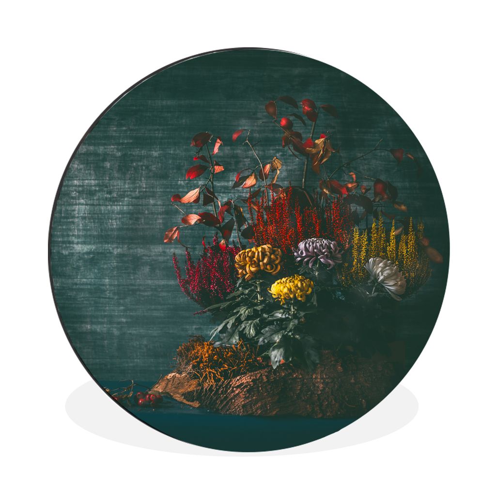 MuchoWow Aluminium Wandkreis Herbst - Blumen - Rot - Grün Ø 90 cm Wanddeko Modern Wohnzimmer - Mauerkreis - Wandbilder - Runde Bild - Bild aus ...