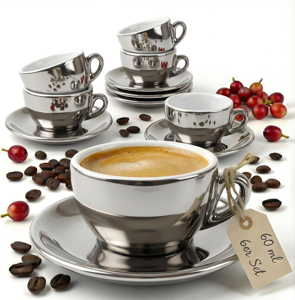 MUVELL 6x Espressotassen á 60 ml | Chrome | Italian Style | extra dickwandig mit 0,8 cm & schwere Ausführung | spülmaschinenfest | 12 teiliges E...