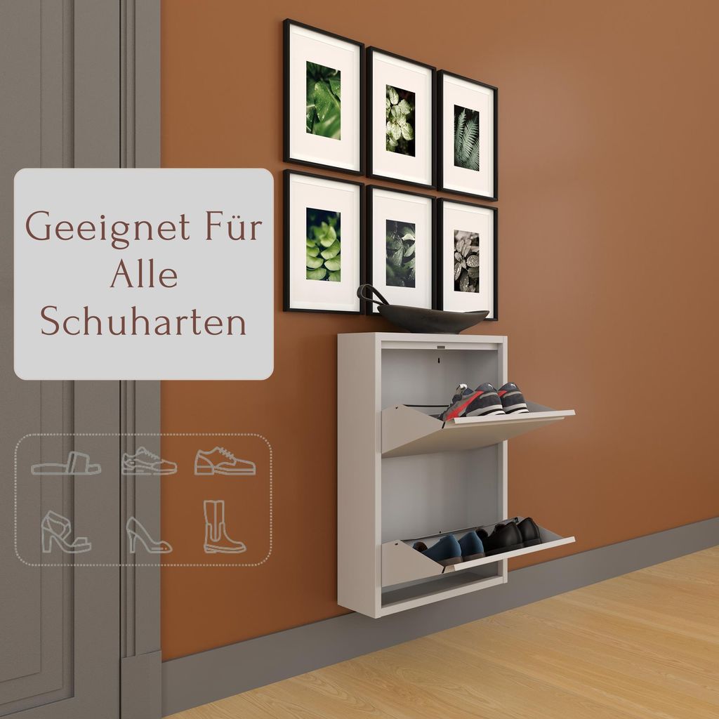 Furni24 Metall Schuhschrank Grau schmal – Schuhkipper mit 2 Klappen (für 4-6 Paar Schuhe), Schuhregal für Flur & Diele, Wandmontage, platzspare...