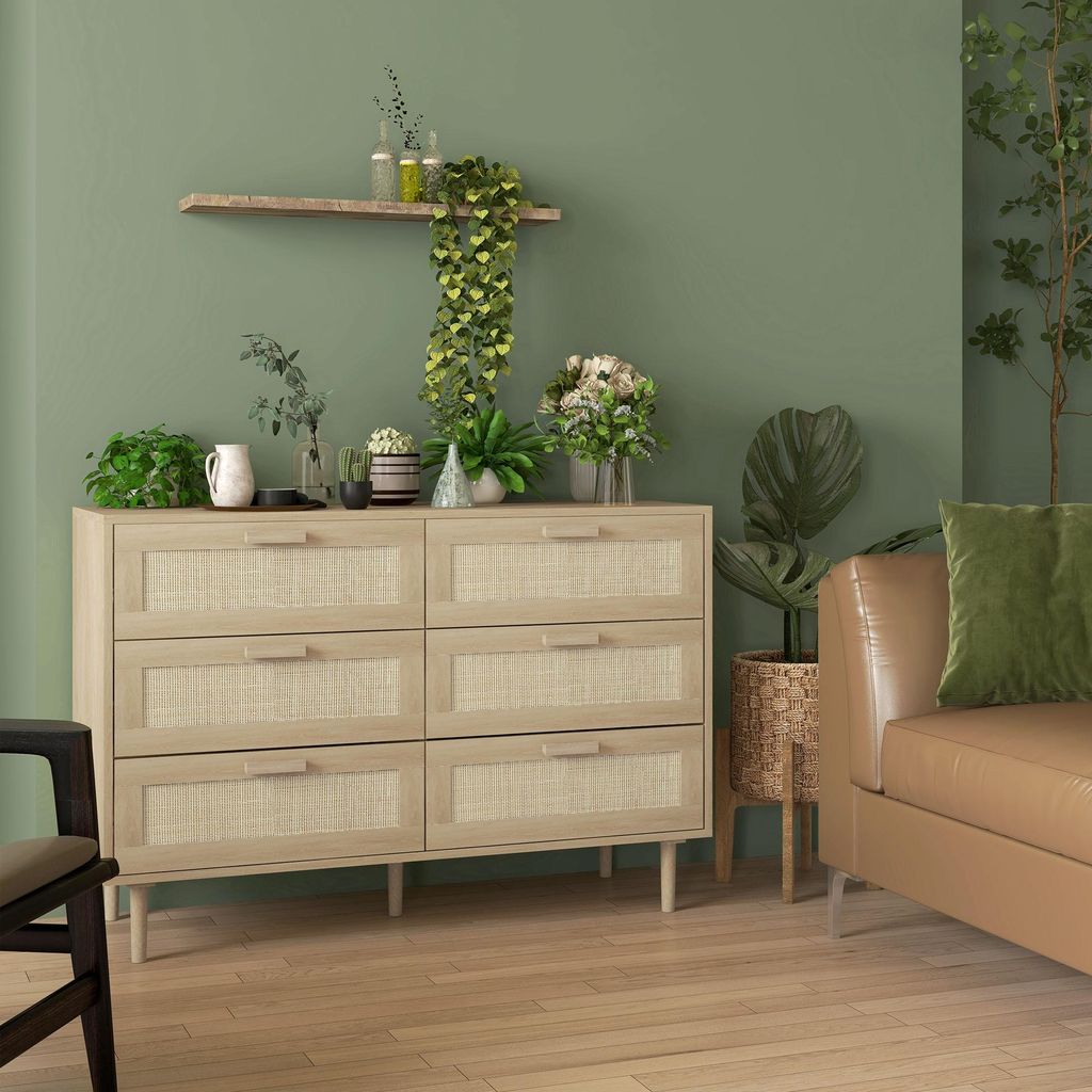 ZMH Nachttisch mit 6 Schubladen und Rattan-Geflecht Maße 110 x 40 x 75 cm (L x B x H), helle Holzoptik