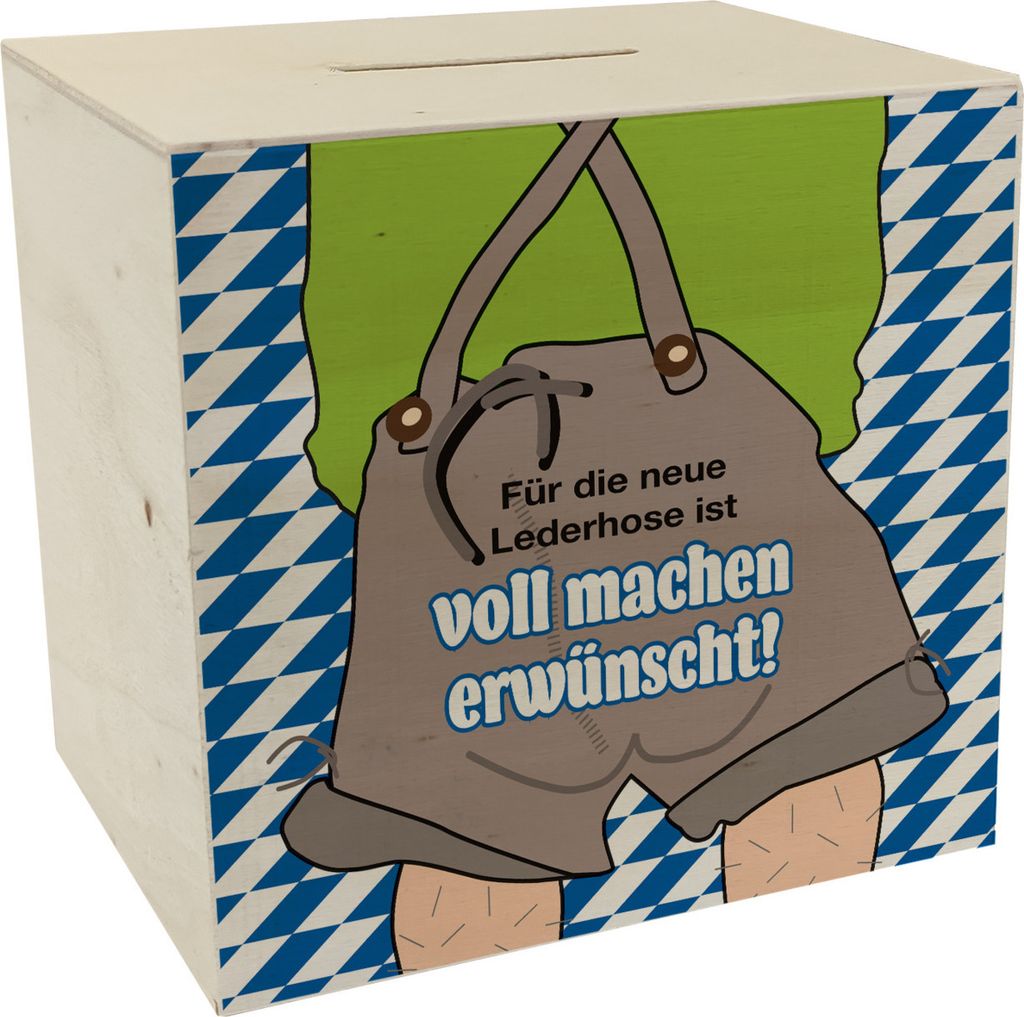Für die neue Lederhose ist voll machen erwünscht! Spardose aus Holz in Grau