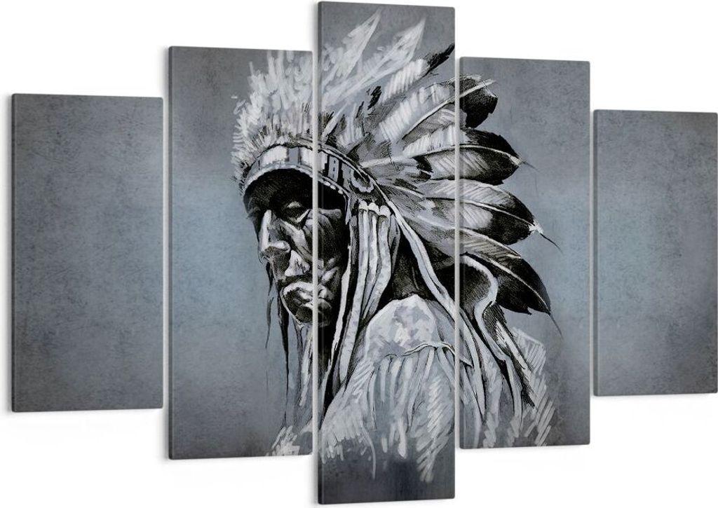 Bild auf Leinwand - Leinwandbild - 5 Teile - Inder Feder Mann - 150x100cm - Wand Bild - Wanddeko - Wandbilder - Leinwanddruck - Bilder - Wanddekora...