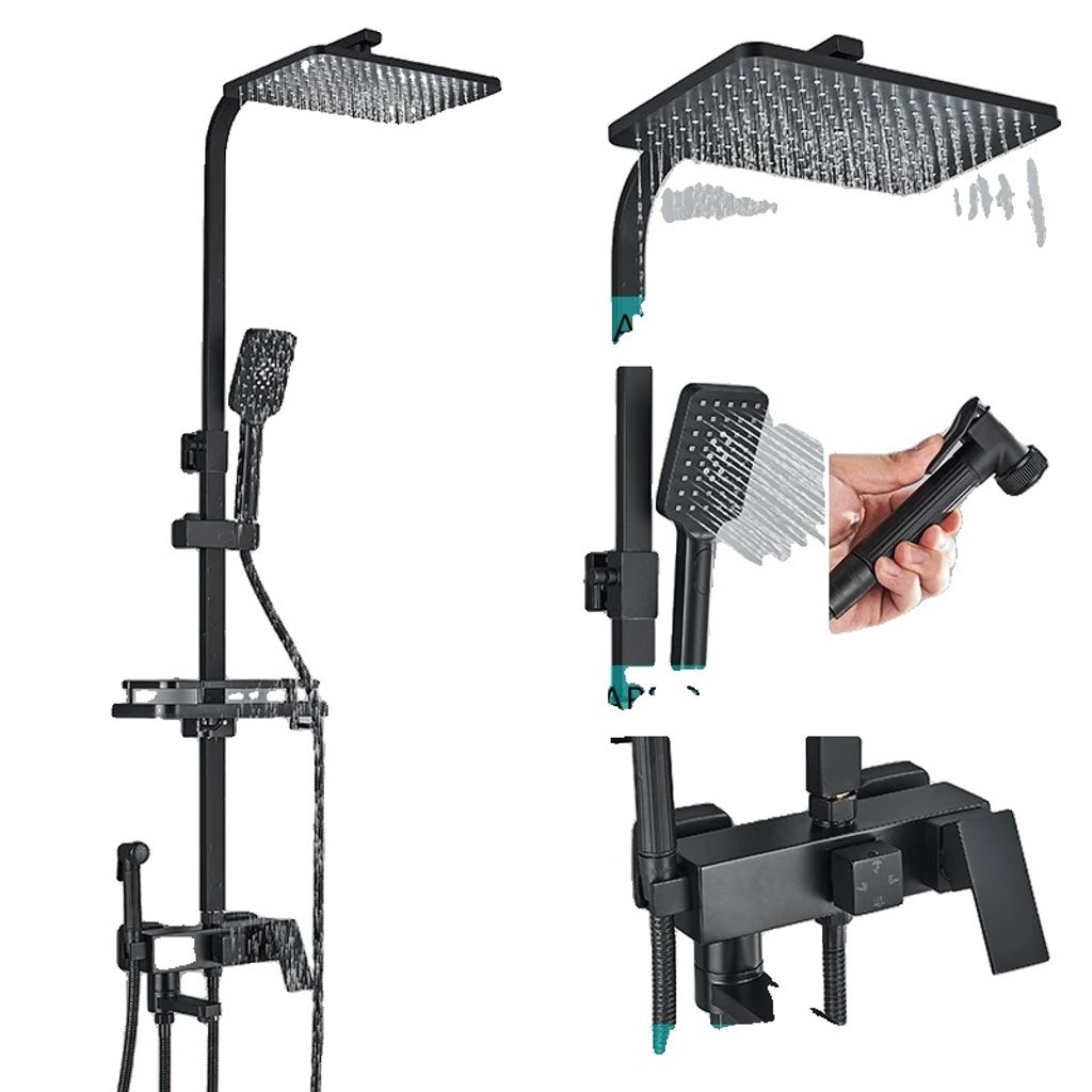 Messing Duscharmatur Set, 3-Wege Mischventil, höhenverstellbar , Schwarz 4-Wege ABS