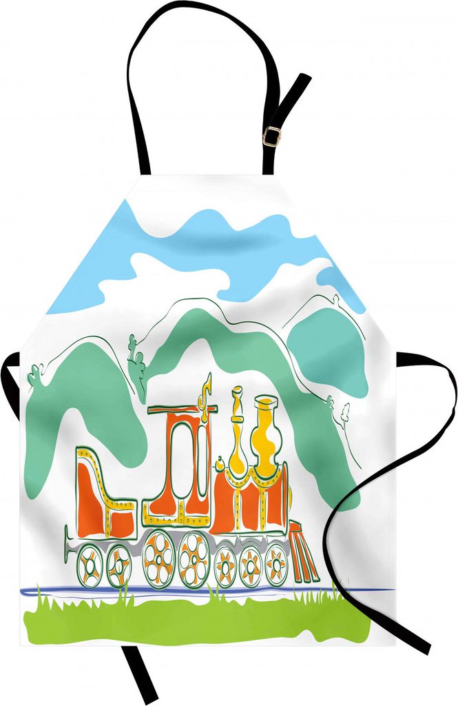 ABAKUHAUS Dampfmaschine Kochschürze, Bunter Kleiner Alter Zug-Land-Retro Kinderkunst-Weinlese-Karikatur-Druck, Farbfest Höhenverstellbar Waschbar...