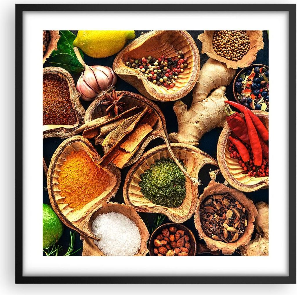 Gerahmtes Poster - Schwarzer Rahmen - Küche Essen Kräuter Gewürze - 50x50 cm - Wand Bild - Wanddeko - Wandbilder - Wandposter - Bilderrahmen - B...