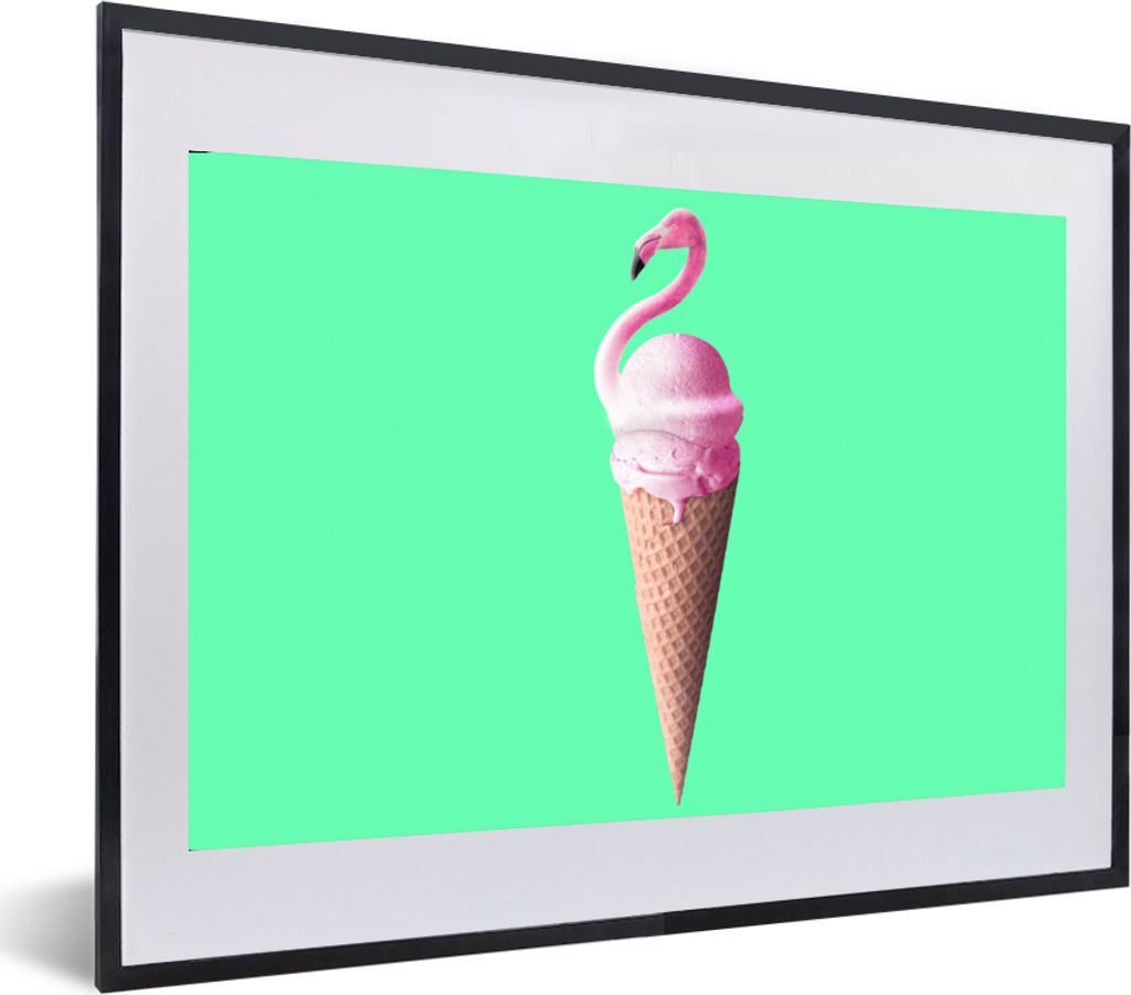 MuchoWow Gerahmtes Poster Eistüten - Eiscreme - Flamingo - Rosa - Grün 60x40 cm - Poster mit Schwarzem Bilderrahmen Wandposter Rahmen Foto Bild...