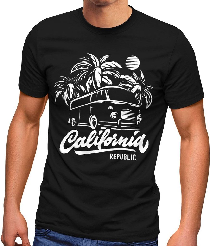Herren T-Shirt California Surf Retro Bus Abenteuer Urlaub Palmen Slim Fit Neverless schwarz 4XL