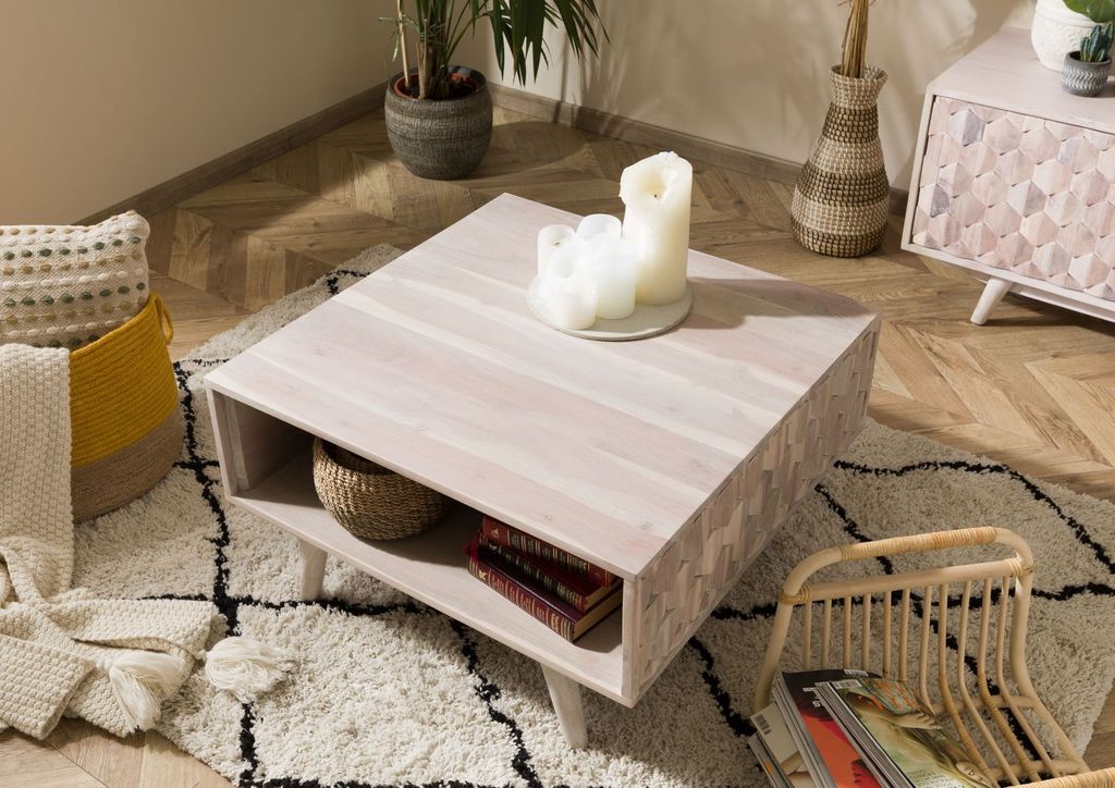 MASSIVMOEBEL24 Couchtisch Akazie 70x70x40 weiß lackiert MOSAYK #216