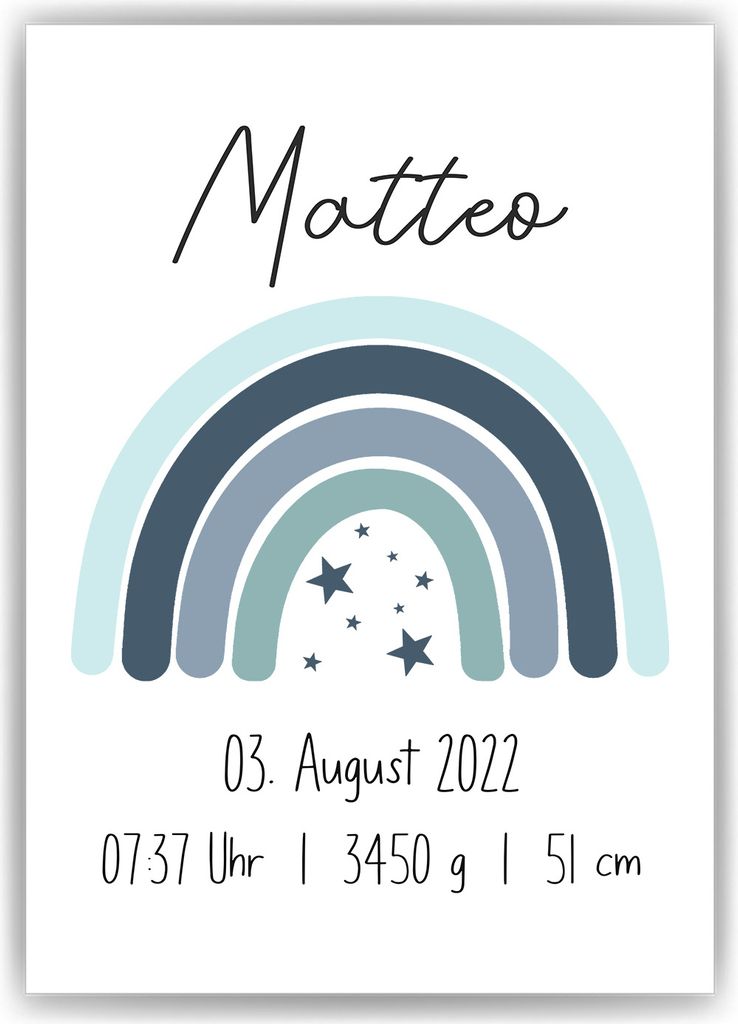 Blauer Regenbogen Geburtsposter Personalisiert Name Uhrzeit Größe Gewicht | Kinderzimmer Babygeschenk | Geburt Baby Poster – A3 (29.7x42cm) / o...
