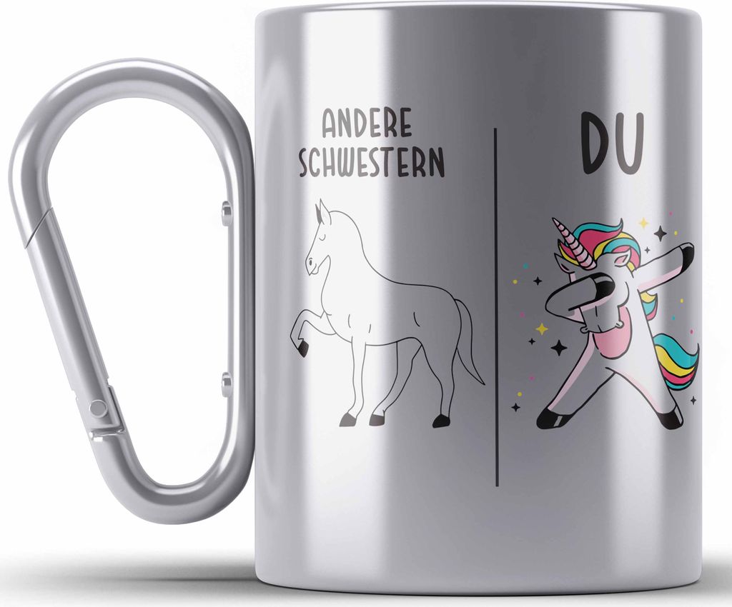 Trendation - Schwester Geschenk Geburtstag Edelstahl Tasse Karabiner Geschenkideen Edelstahl Tasse Karabinern mit Spruch für Schwester (Silber)